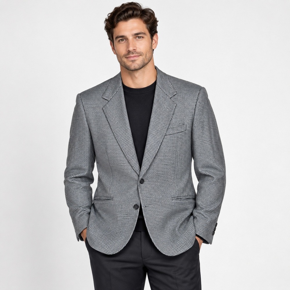 Vintage Stafford Houndstooth Blazer Men's 42S Blue Gray USA Tailored Preppy